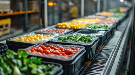 Poster - Packed trays of fresh produce travel along conveyor belts in a state of the art logistics facility, designed for temperature sensitive items and efficient inventory management.