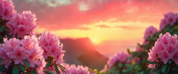Wall Mural - attractive summer sunset featuring pink rhododendron flowers. vivid photo wallpaper. image of a stun