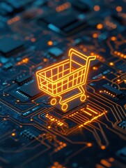 Poster - A glowing shopping cart icon on a circuit board, symbolizing the intersection of technology and e-commerce.