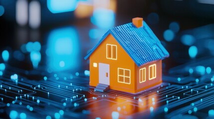 Poster - A small orange house model sits on a digital circuit board, symbolizing the intersection of technology and home living, Sustainable Living.