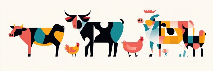 Aufkleber - Minimalist geometric illustration featuring colorful cows pigs and chickens in a vibrant modern design Generative AI