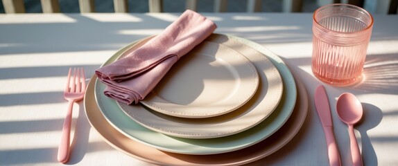 Poster - An exquisite table arrangement showcasing pastel-colored plates, a pink napkin, and matching cutlery, with gentle lighting creating a tranquil atmosphere.