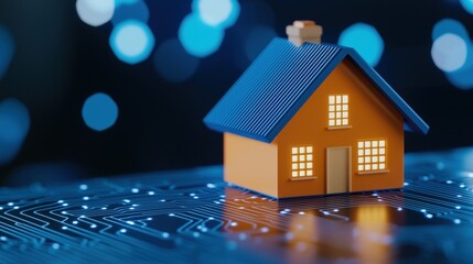Poster - A miniature house model sits on a circuit board, symbolizing the intersection of technology and home automation against a blurred blue background, Sustainable Living.