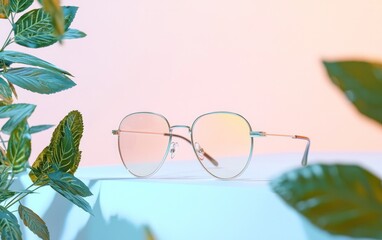 Poster - Round eyeglasses with light orange lenses rest on a white surface, partially obscured by green foliage. Soft, pastel lighting creates a serene atmosphere