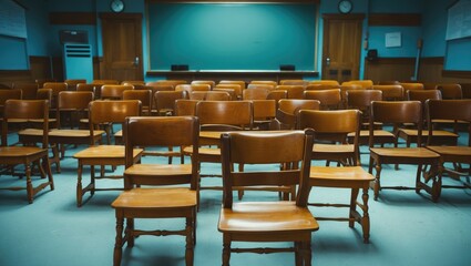 Poster - A spacious, unused classroom featuring wooden chairs. A lecture hall filled with neatly arranged hardwood chairs. An empty classroom showcasing vintage wooden chairs.