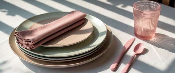 Poster - An elegant table arrangement showcasing pastel-colored plates, a pink napkin, and matching cutlery, illuminated by soft lighting that creates a tranquil atmosphere.