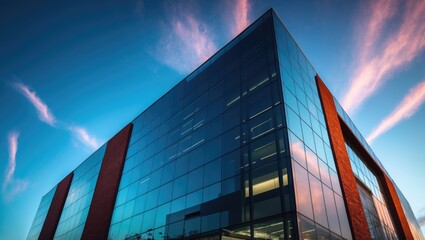 Poster - A contemporary structure featuring glass and red brick set against a blue sky backdrop. Office building constructed of glass and metal.