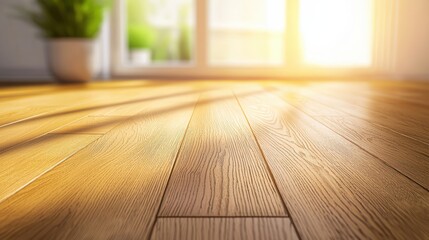 Poster - A warm, sunlit wooden floor with a hint of greenery in the background, creating a serene and inviting atmosphere, Sustainable Living.