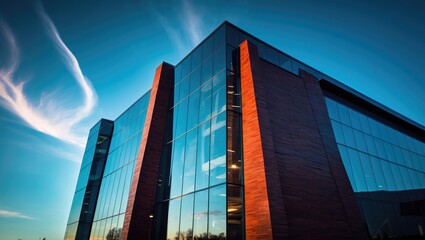 Poster - A contemporary structure featuring glass and red brick, set against a backdrop of a blue sky. Office building composed of glass and metal.