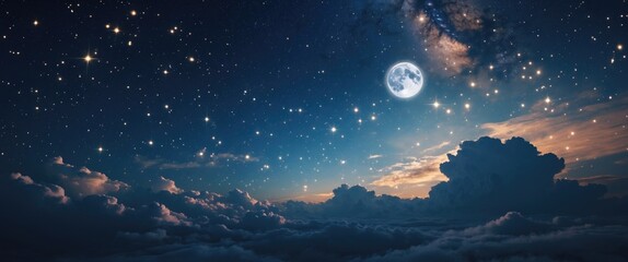 Wall Mural - backgrounds night sky with stars and moon and clouds. wood.