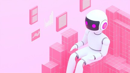 Poster - Futuristic AI Robot Analyzing Business Performance Metrics, sleek isometric design, dynamic bar charts, line graphs, vibrant colors, emphasizing accuracy and intelligence