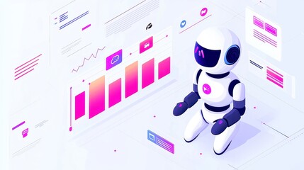 Poster - Futuristic AI Robot Engaging with Dynamic Social Media Metrics, Isometric Illustration Showcasing Vibrant Graphs and Gradient-Colored Icons for Enhanced Analytic Insights