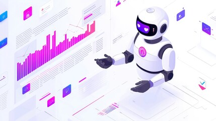 Poster - Futuristic AI Robot Engaging with Social Media Metrics, Dynamic Interaction with Floating Graphs, Vibrant Analytic Visuals, Gradient-Colored Icons Showcasing Social Analytics