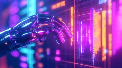 Poster - Futuristic AI Robot Engaging with Colorful Revenue Data Visuals, Dynamic Interaction with Graphs, Gradient Analytics in Purple, Orange, Blue, Emphasizing Intelligent Growth Insights