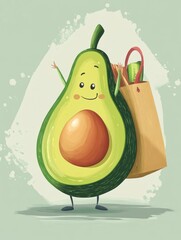 Poster - Humorous cartoon avocado happily carries a large grocery bag in a playful pastel setting Generative AI