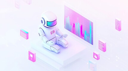 Poster - Futuristic AI Risk Management Analyst, Isometric depiction of a robot analyzing dynamic risk visuals, floating graphs and charts in vibrant pink, purple, and blue on a clean white backdrop.