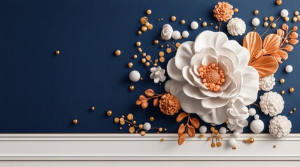 Poster - 3D rende of large stylized white and burnt orange paper flowers with gold and white spheres on dark blue wall with white baseboard decor art design