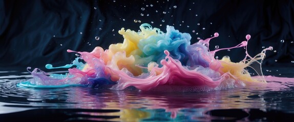 Poster - A cloud of vibrant acrylic paint in water. A drop of colorful ink mixes in water against a dark background. Abstract backdrop.