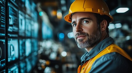Aufkleber - A logistics professional wearing a safety helmet monitors inventory data on high tech screens in a busy warehouse distribution center focused on recycling and sustainability efforts.