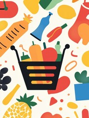 Aufkleber - Stylish abstract grocery shopping theme featuring geometric shapes and bold colors in a vibrant modern composition Generative AI
