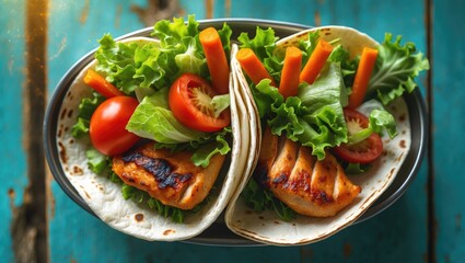 Wall Mural - nutritious lunchtime snack featuring tortilla wraps with grilled chicken fillet and fresh vegetables