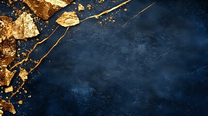 Poster - Gold leaf fragments and abstract paint splashes on dark navy blue textured background with copy space, luxury artistic design elements for creative projects.