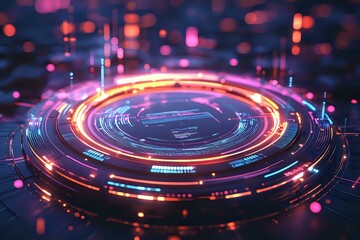 Poster - Futuristic glowing circular interface with neon orange and blue lights against dark background, digital technology concept with bokeh effects and luminous elements.