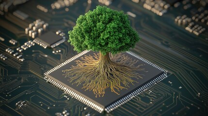 Poster - A Lush Green Tree Growing from a Central Processing Unit on a Circuit Board Symbolizing Sustainable Technology and Nature's Integration with Tech
