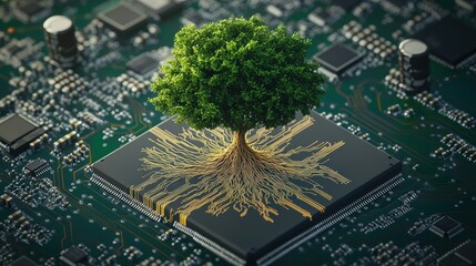 Poster - A lush green tree with sprawling roots emerging from a microchip on a complex circuit board representing sustainable technology and nature integration