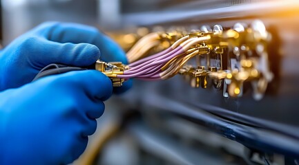 Poster - Laboratory technician in blue protective gloves connecting gold-plated electronic components and wires during precision testing or research procedure in modern facility.
