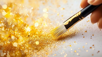 Poster - Magical gold glitter dust scattered by artist brush on light background with bokeh effect and sparkles creates festive atmosphere.
