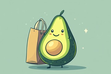 Poster - Humorous cartoon avocado with grocery bag in playful pastel background enjoying a fun shopping day Generative AI