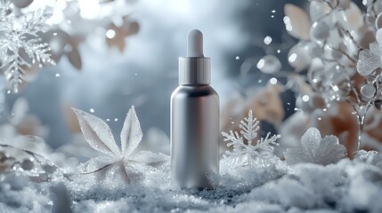 Poster - Frosted winter cosmetic bottle mockup with silver dropper on snowy background with crystalline snowflakes and bokeh lights creating magical atmosphere.