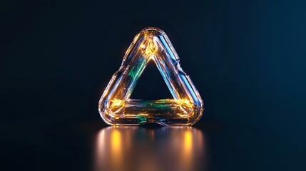 Poster - Glowing triangle shape with iridescent glass effect and warm light reflections on dark background creates mystical atmosphere and depth.