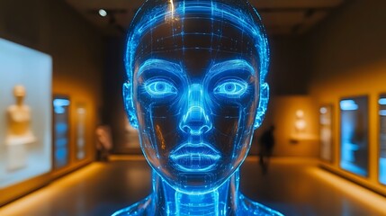 Poster - Futuristic glowing blue hologram face projection in dark museum corridor with digital biometric scanning grid pattern and illuminated displays.