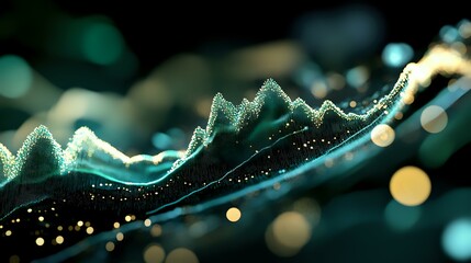 Aufkleber - Glowing wave pattern with sparkling particles on dark background creates futuristic abstract design in emerald green and gold tones with bokeh light effects.