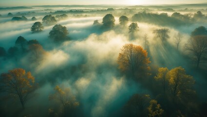Wall Mural - an aerial perspective of light and shadows in the mist. the fog and trees allow the first rays of su