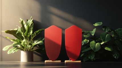 Poster - Two Tall Red Shield-Shaped Objects Standing on a Dark Floor Among Leafy Green Plants Illuminated by a Soft Sunbeam Against a Dark Gray Wall