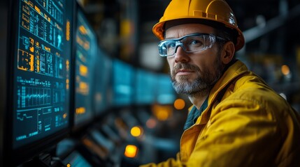 Aufkleber - A skilled worker in a safety helmet and glasses analyzes data on multiple screens in a warehouse setting focused on optimizing logistics, inventory management, and sustainability efforts.