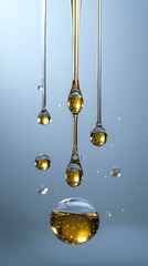 Poster - Golden liquid drops falling in sequence against blue background, capturing moment of suspension with transparent spheres and tiny water splashes.