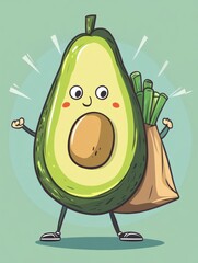 Poster - Cheerful cartoon avocado joyfully carrying a grocery bag with playful background Generative AI