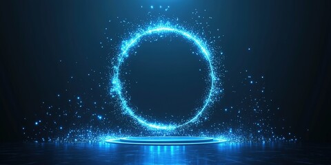 Fototapete - Bright blue glowing energy circle with sparkling particles in a dark setting