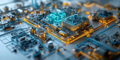 Poster - Industrial complex with advanced technology and glowing structures during nighttime operations in a modern city