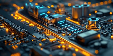 Poster - Detailed close-up of a modern circuit board illuminated by orange and blue lights, showcasing advanced technology and intricate design