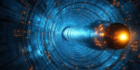 Poster - Exploring futuristic cylindrical tunnel illuminated by bright orange light under a starry night sky
