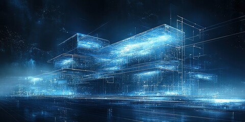 Poster - Futuristic cityscape with glowing architectural structures against a dark background