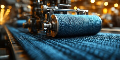 Poster - Machinery weaving blue fabric in textile factory during production process