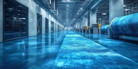 Poster - Industrial corridor featuring reflective flooring and machinery in a modern manufacturing facility
