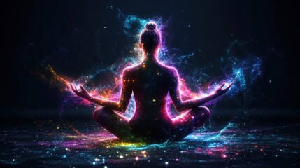 Poster - A vibrant meditative woman surrounded by swirling energy in a dark background, embodying peace, serenity, and spiritual enlightenment in motion
