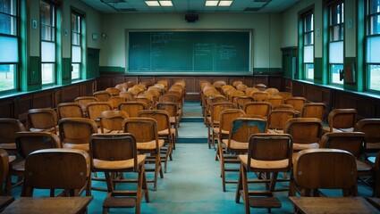 Poster - A spacious, unoccupied classroom featuring wooden chairs. A lecture hall with neatly arranged hardwood seating. Empty classroom showcasing vintage-style wooden chairs.
